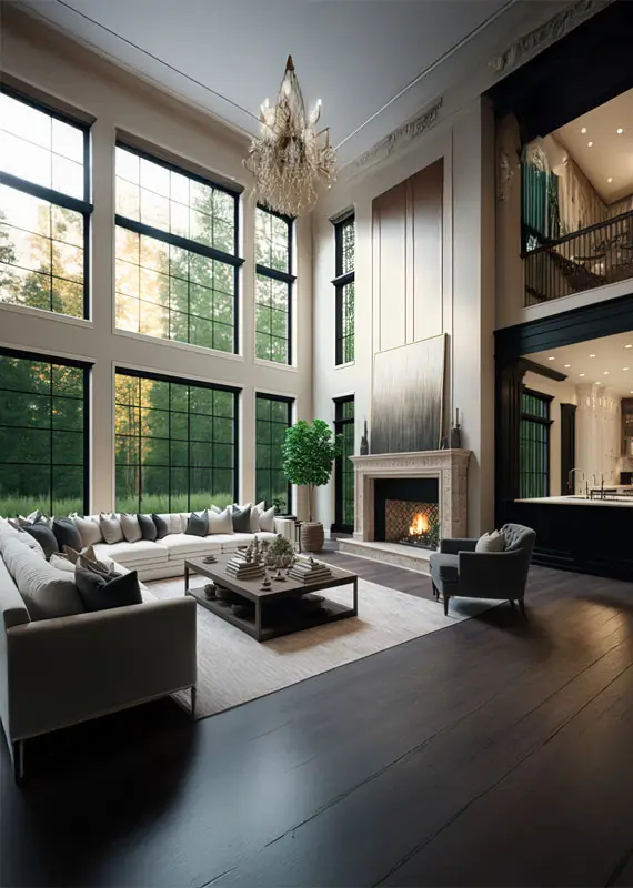 Beautiful living room interior with hardwood floors and fireplace in new luxury home.
