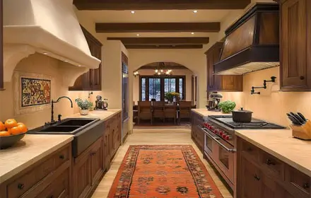 Elegant kitchen interior design warm wood tones.